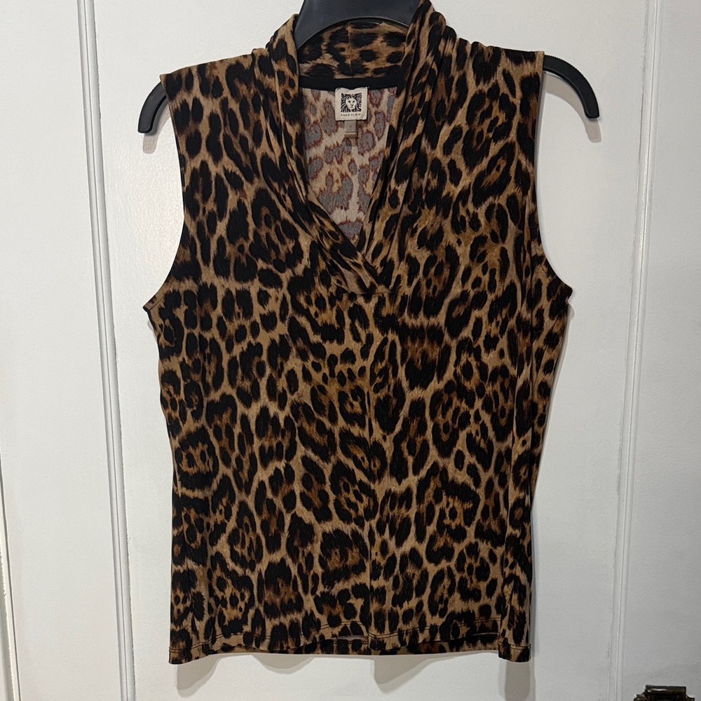 Anne Klein Sleeveless Leopard Print V-Neck Top - Brown/Black